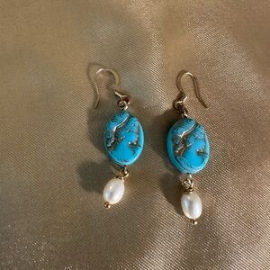 Turquoise and Gold Earrings with Pearl Drop